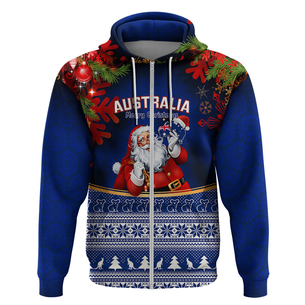 Personalised Christmas In July Hoodie Happy Santa Claus With Australia Map Blue Style - Vibe Hoodie Shop