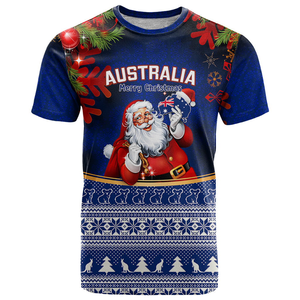 Personalised Christmas In July T Shirt Happy Santa Claus With Australia Map Blue Style - Vibe Hoodie Shop