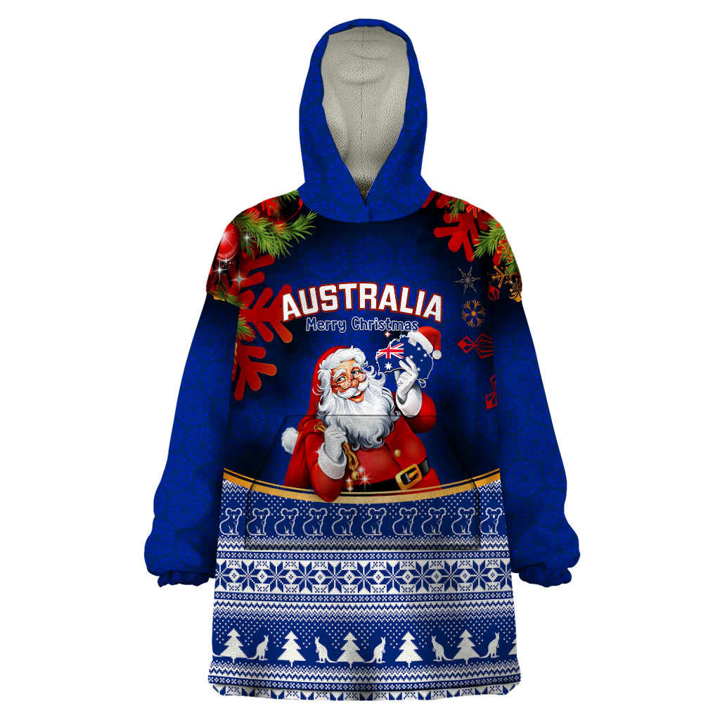 Personalised Christmas In July Wearable Blanket Hoodie Happy Santa Claus With Australia Map Blue Style - Vibe Hoodie Shop