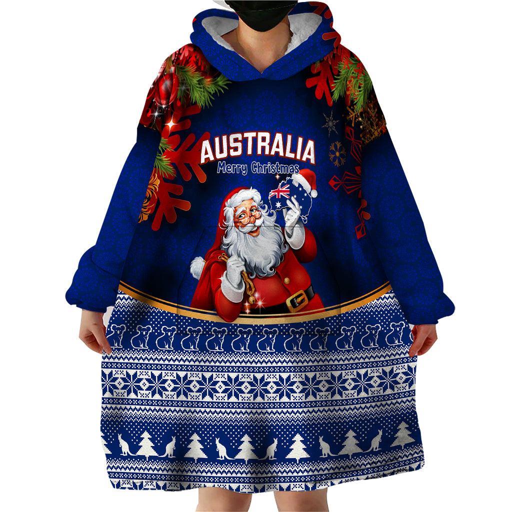 Personalised Christmas In July Wearable Blanket Hoodie Happy Santa Claus With Australia Map Blue Style - Vibe Hoodie Shop