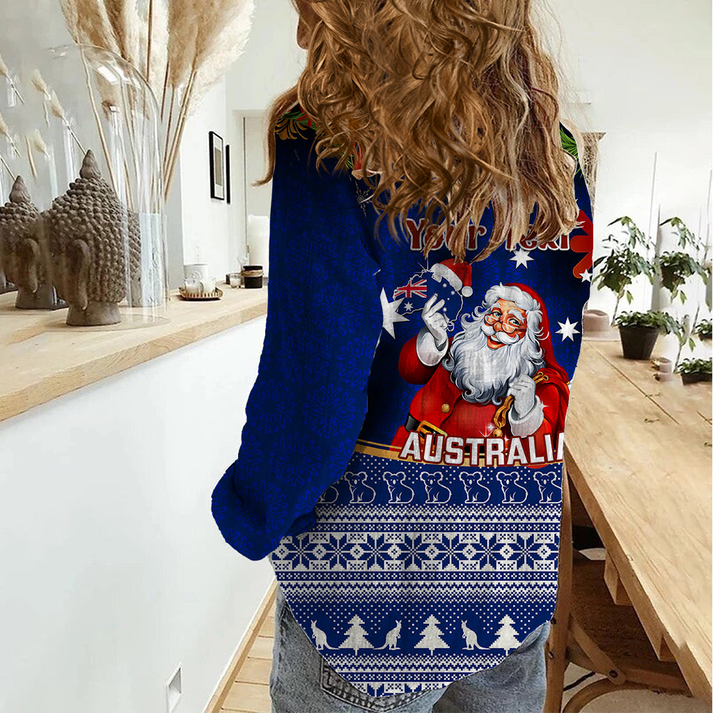 Personalised Christmas In July Women Casual Shirt Happy Santa Claus With Australia Map Blue Style - Vibe Hoodie Shop