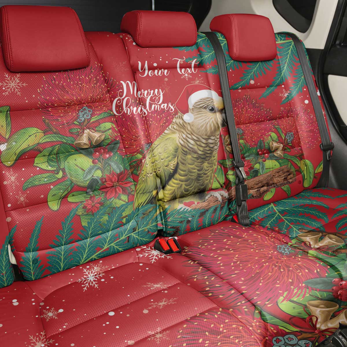 Personalised New Zealand Kakapo Christmas Back Car Seat Cover Meri Kirihimete Silver Fern Mix Pohutukawa