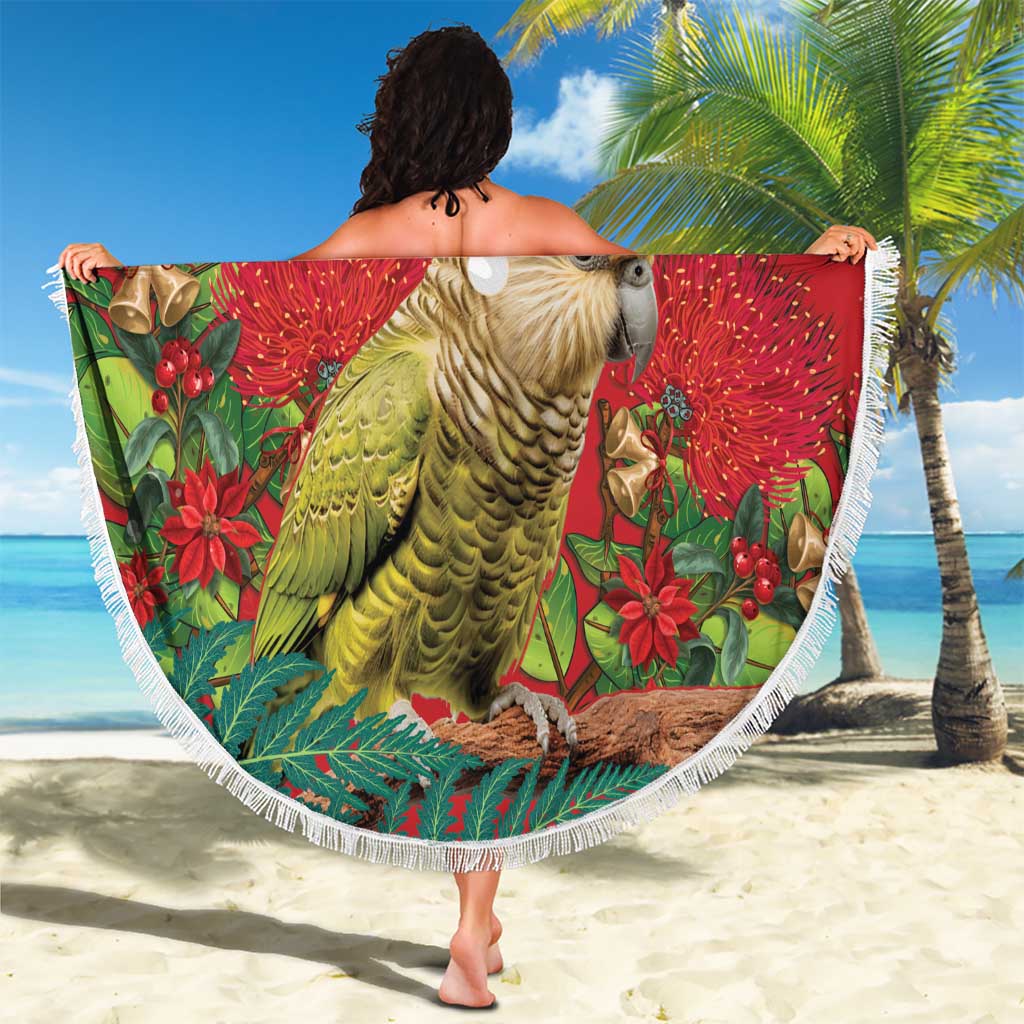 Personalised New Zealand Kakapo Christmas Beach Blanket Meri Kirihimete Silver Fern Mix Pohutukawa