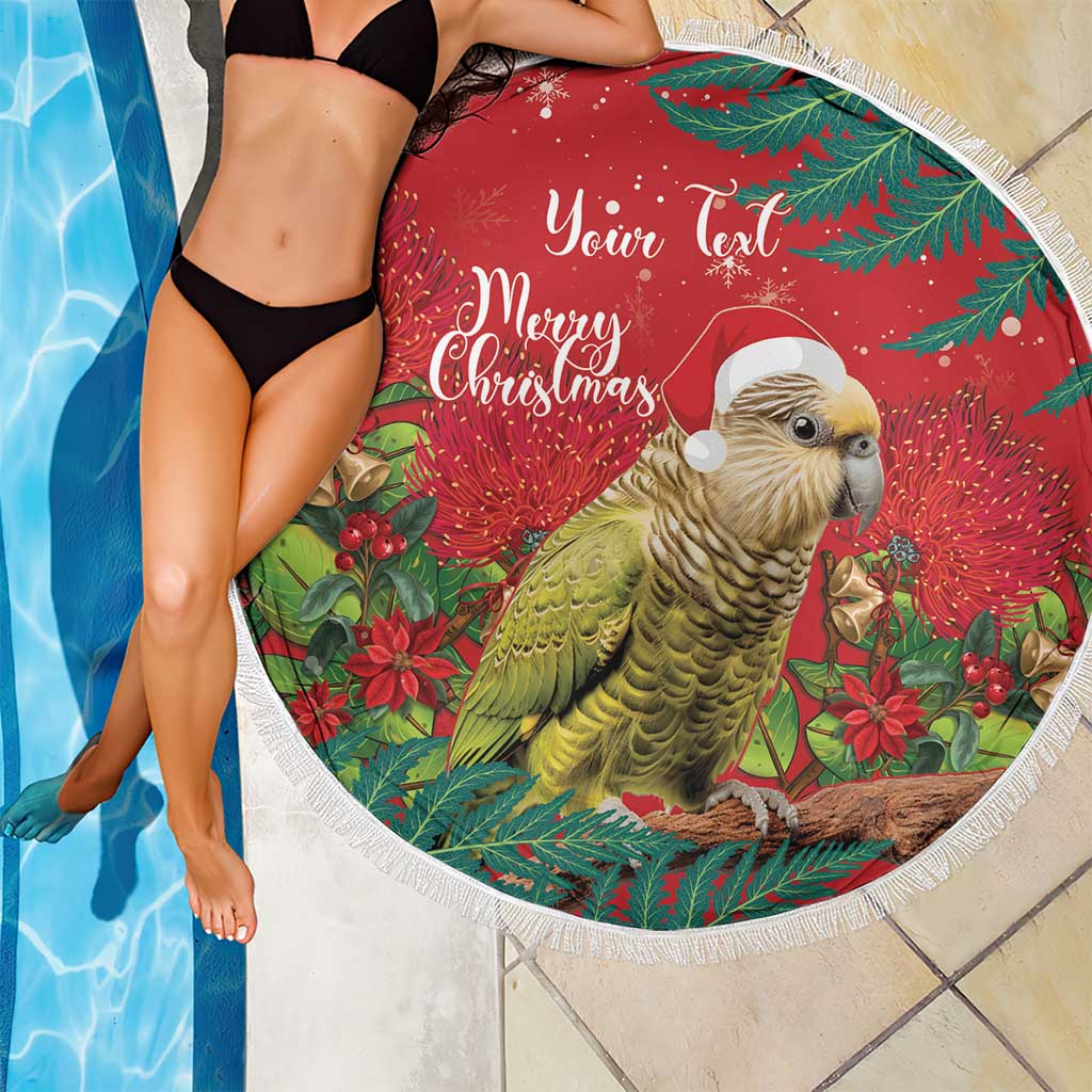 Personalised New Zealand Kakapo Christmas Beach Blanket Meri Kirihimete Silver Fern Mix Pohutukawa