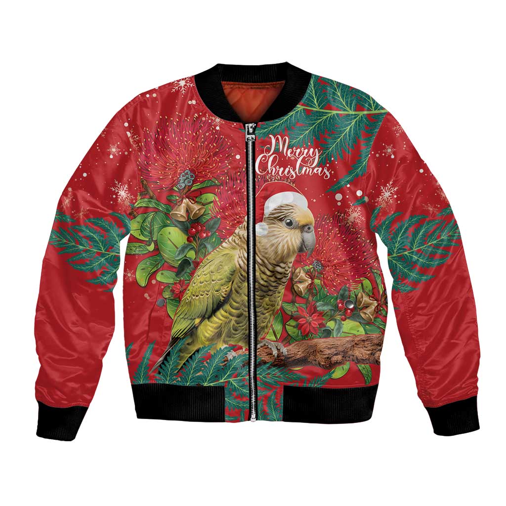 Personalised New Zealand Kakapo Christmas Bomber Jacket Meri Kirihimete Silver Fern Mix Pohutukawa - Vibe Hoodie Shop