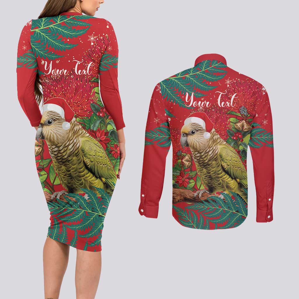 Personalised New Zealand Kakapo Christmas Couples Matching Long Sleeve Bodycon Dress and Long Sleeve Button Shirt Meri Kirihimete Silver Fern Mix Pohutukawa