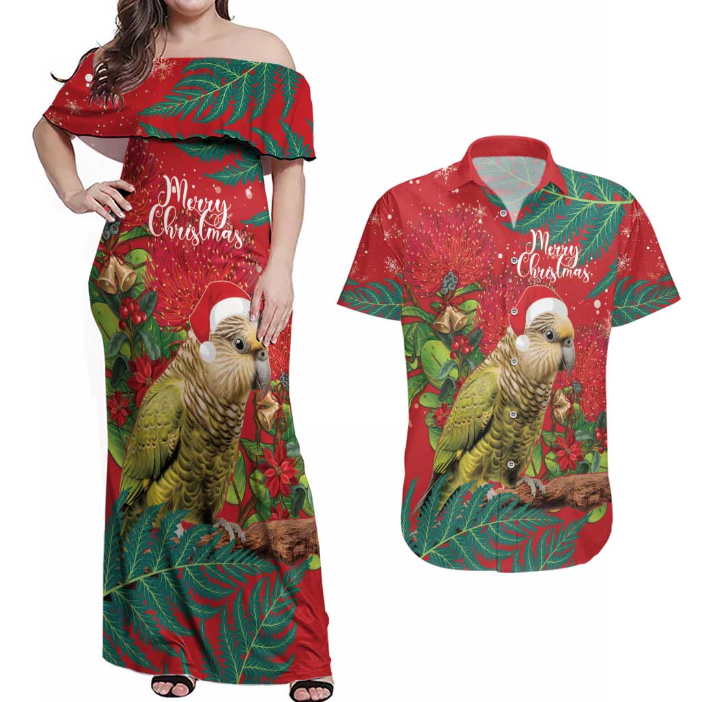 Personalised New Zealand Kakapo Christmas Couples Matching Off Shoulder Maxi Dress and Hawaiian Shirt Meri Kirihimete Silver Fern Mix Pohutukawa