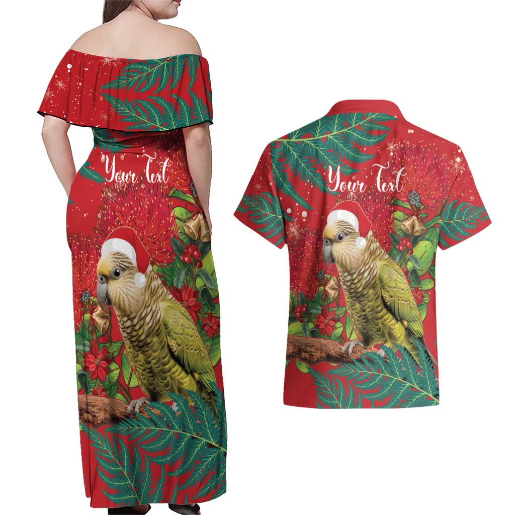 Personalised New Zealand Kakapo Christmas Couples Matching Off Shoulder Maxi Dress and Hawaiian Shirt Meri Kirihimete Silver Fern Mix Pohutukawa