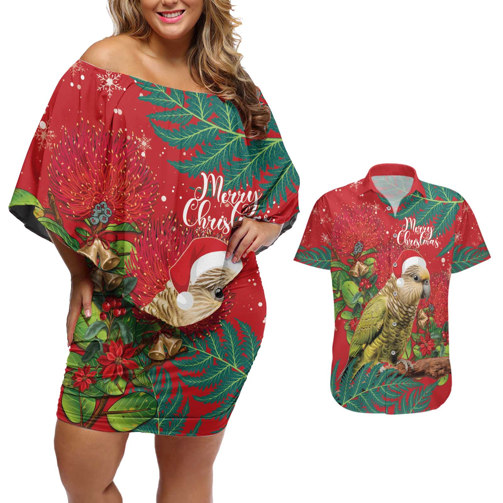 Personalised New Zealand Kakapo Christmas Couples Matching Off Shoulder Short Dress and Hawaiian Shirt Meri Kirihimete Silver Fern Mix Pohutukawa