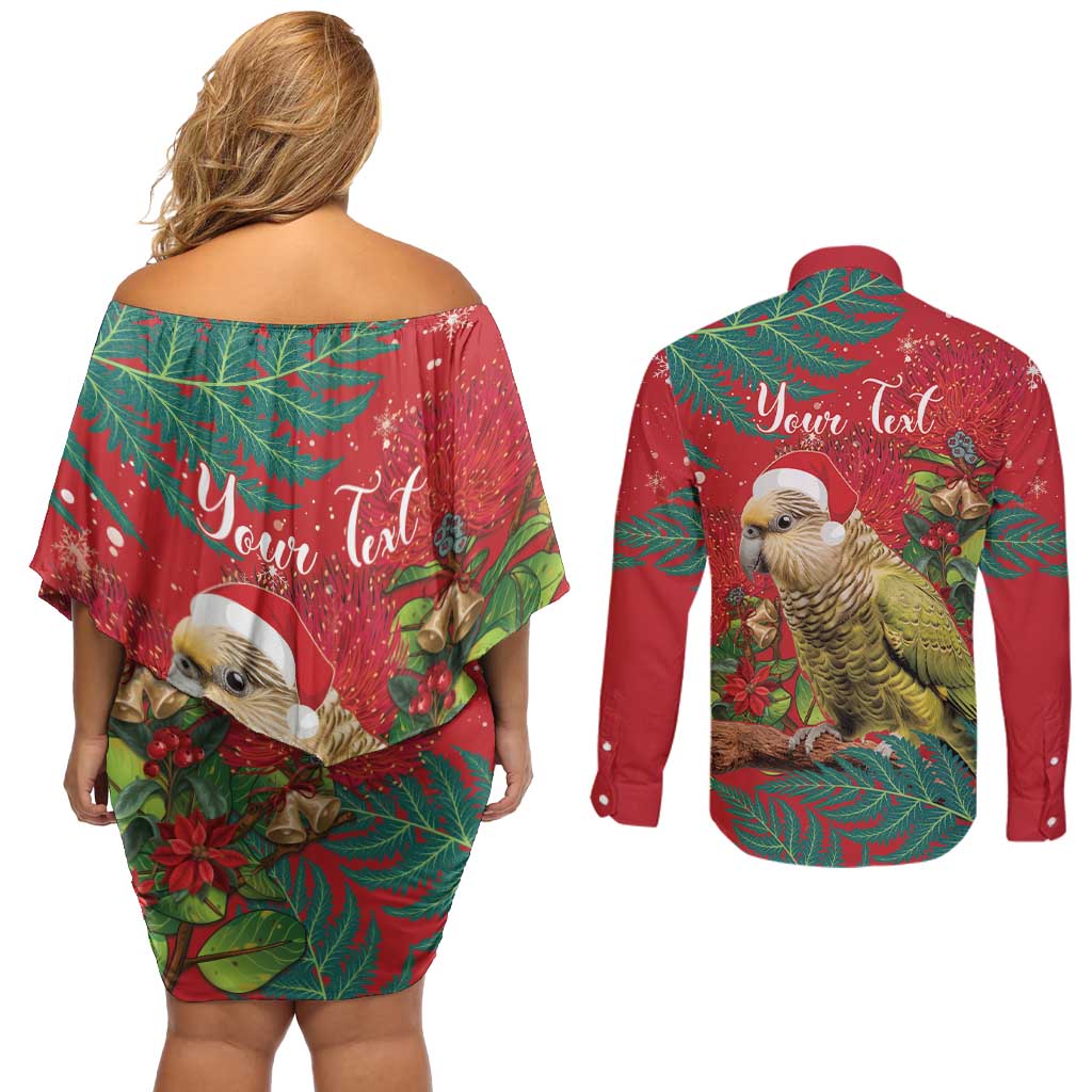 Personalised New Zealand Kakapo Christmas Couples Matching Off Shoulder Short Dress and Long Sleeve Button Shirt Meri Kirihimete Silver Fern Mix Pohutukawa