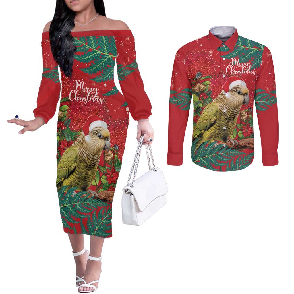 Personalised New Zealand Kakapo Christmas Couples Matching Off The Shoulder Long Sleeve Dress and Long Sleeve Button Shirt Meri Kirihimete Silver Fern Mix Pohutukawa