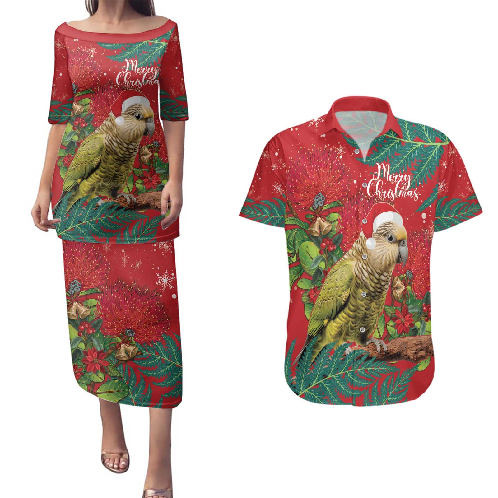 Personalised New Zealand Kakapo Christmas Couples Matching Puletasi and Hawaiian Shirt Meri Kirihimete Silver Fern Mix Pohutukawa