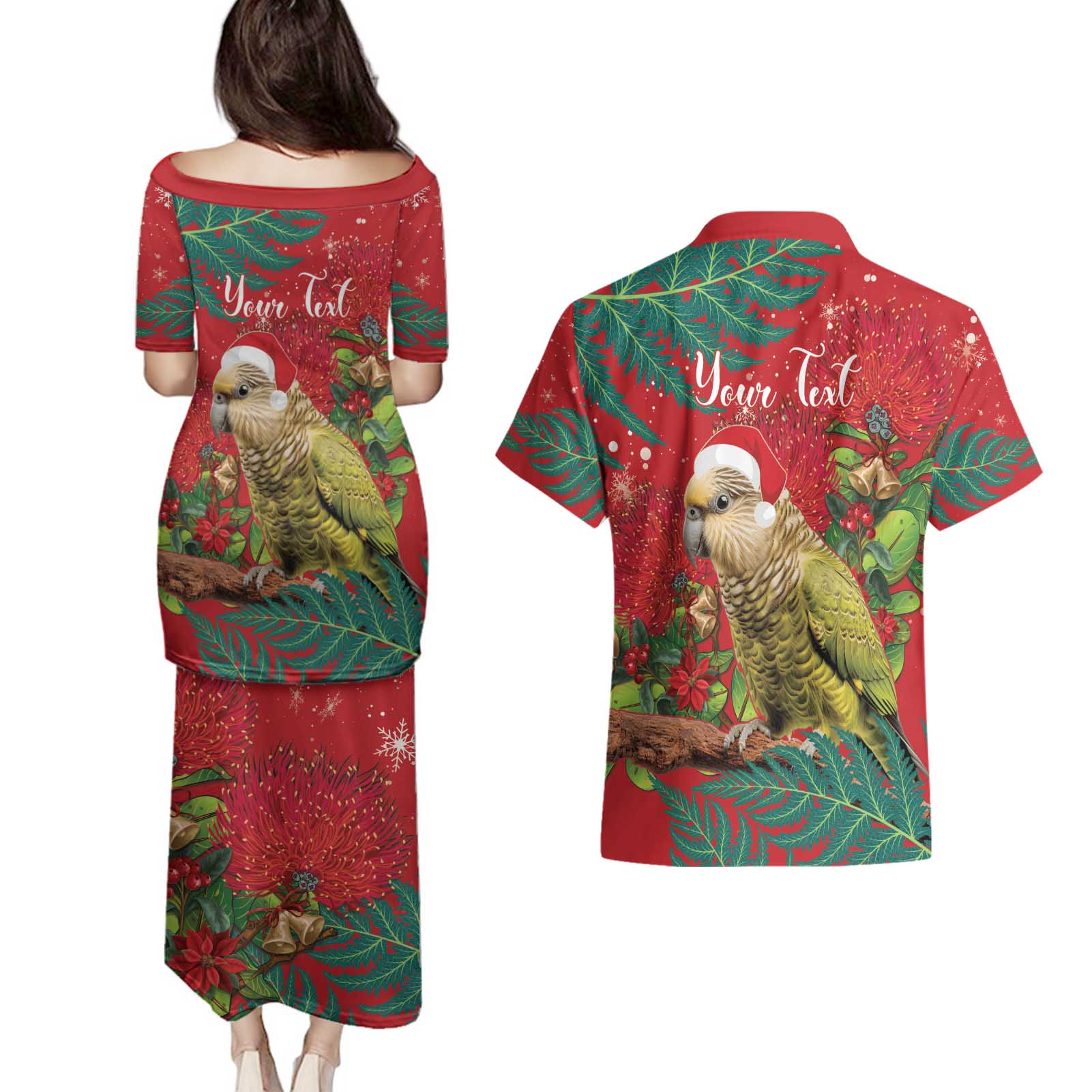 Personalised New Zealand Kakapo Christmas Couples Matching Puletasi and Hawaiian Shirt Meri Kirihimete Silver Fern Mix Pohutukawa