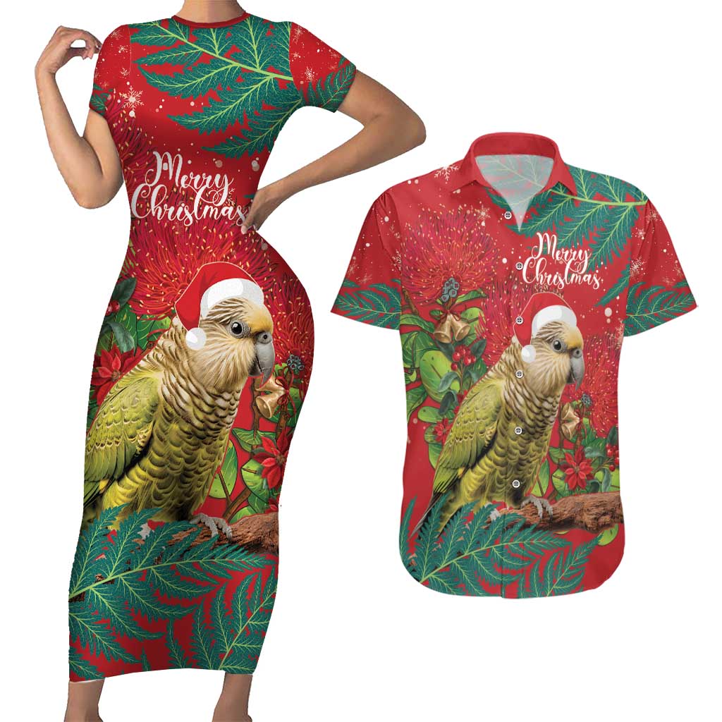 Personalised New Zealand Kakapo Christmas Couples Matching Short Sleeve Bodycon Dress and Hawaiian Shirt Meri Kirihimete Silver Fern Mix Pohutukawa