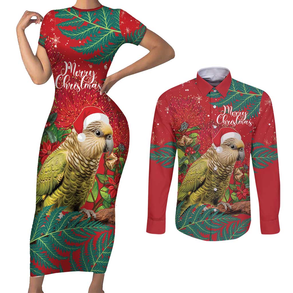 Personalised New Zealand Kakapo Christmas Couples Matching Short Sleeve Bodycon Dress and Long Sleeve Button Shirt Meri Kirihimete Silver Fern Mix Pohutukawa