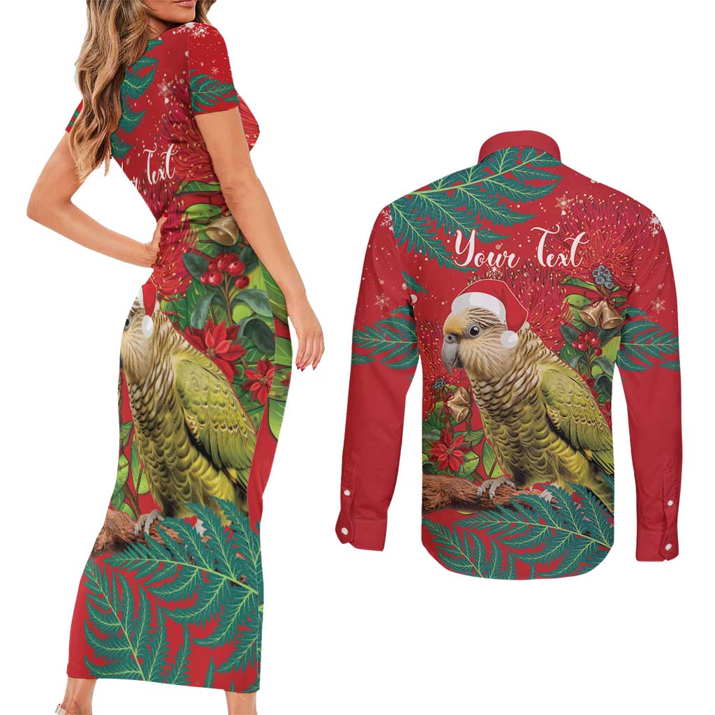 Personalised New Zealand Kakapo Christmas Couples Matching Short Sleeve Bodycon Dress and Long Sleeve Button Shirt Meri Kirihimete Silver Fern Mix Pohutukawa