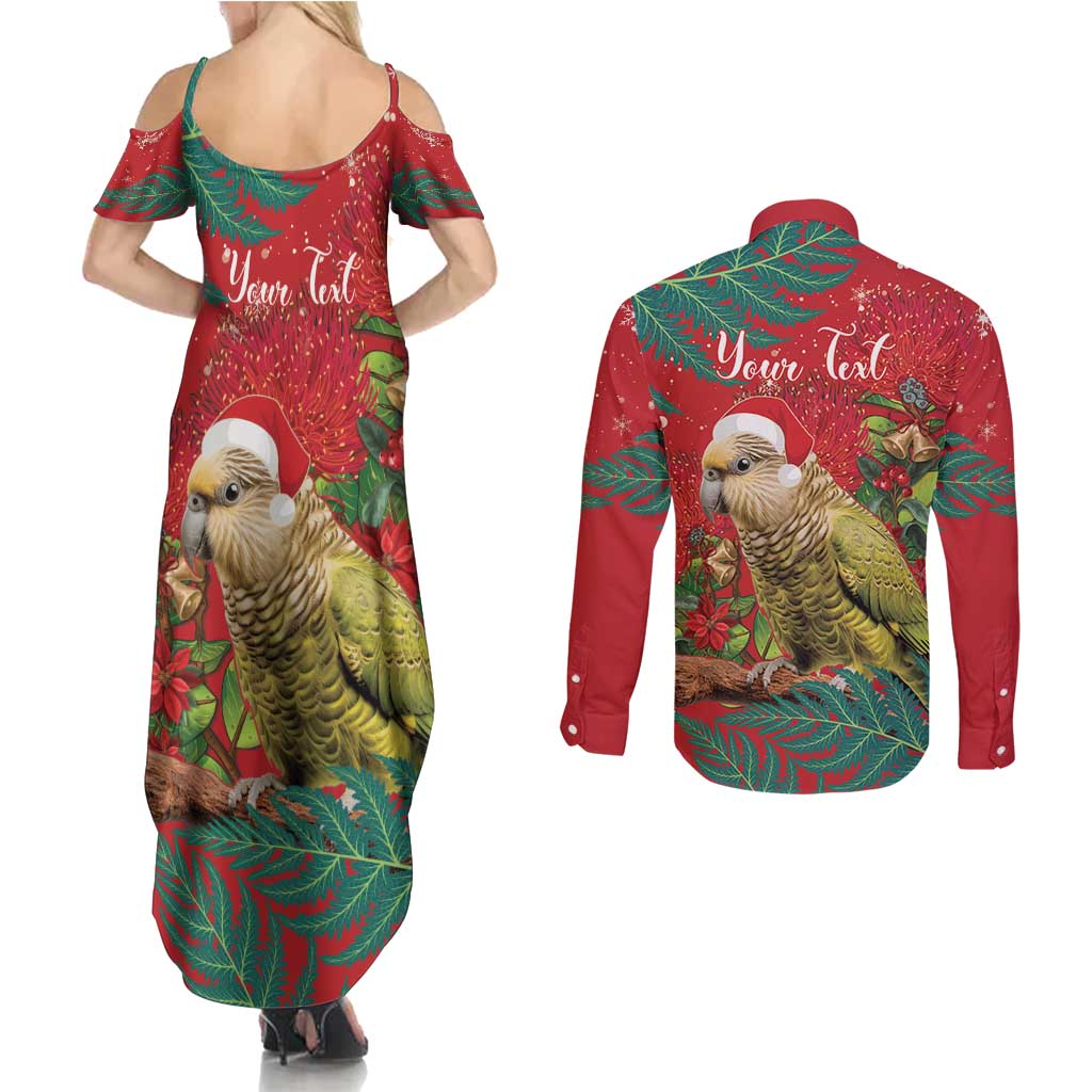 Personalised New Zealand Kakapo Christmas Couples Matching Summer Maxi Dress and Long Sleeve Button Shirt Meri Kirihimete Silver Fern Mix Pohutukawa