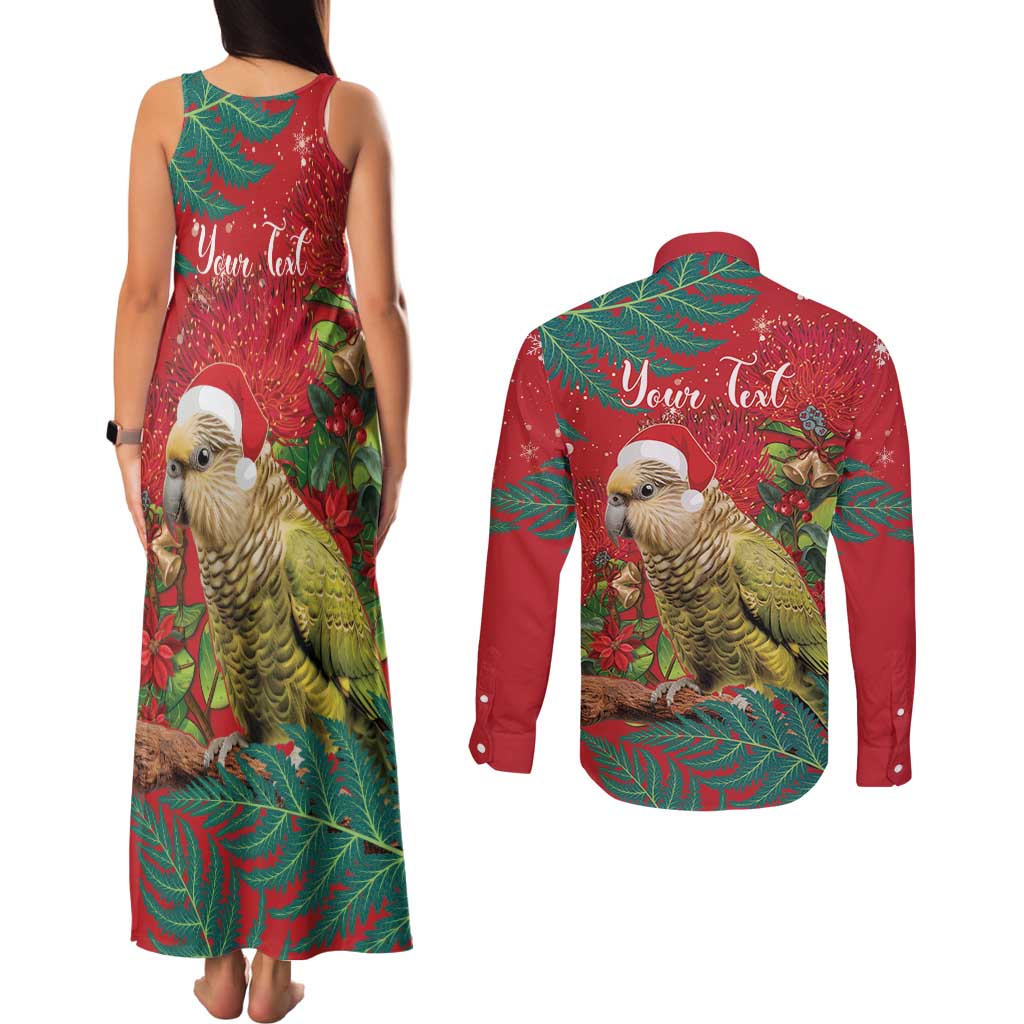 Personalised New Zealand Kakapo Christmas Couples Matching Tank Maxi Dress and Long Sleeve Button Shirt Meri Kirihimete Silver Fern Mix Pohutukawa