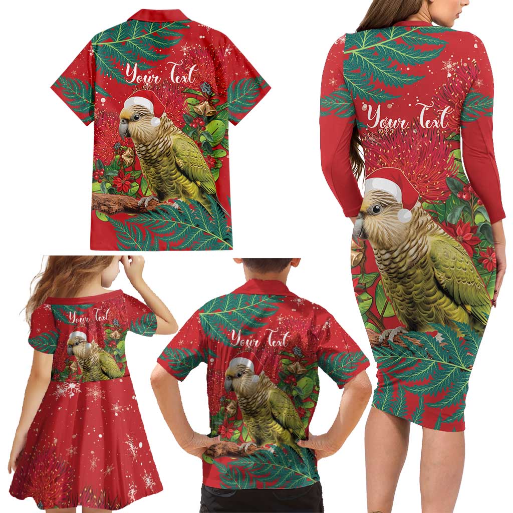 Personalised New Zealand Kakapo Christmas Family Matching Long Sleeve Bodycon Dress and Hawaiian Shirt Meri Kirihimete Silver Fern Mix Pohutukawa