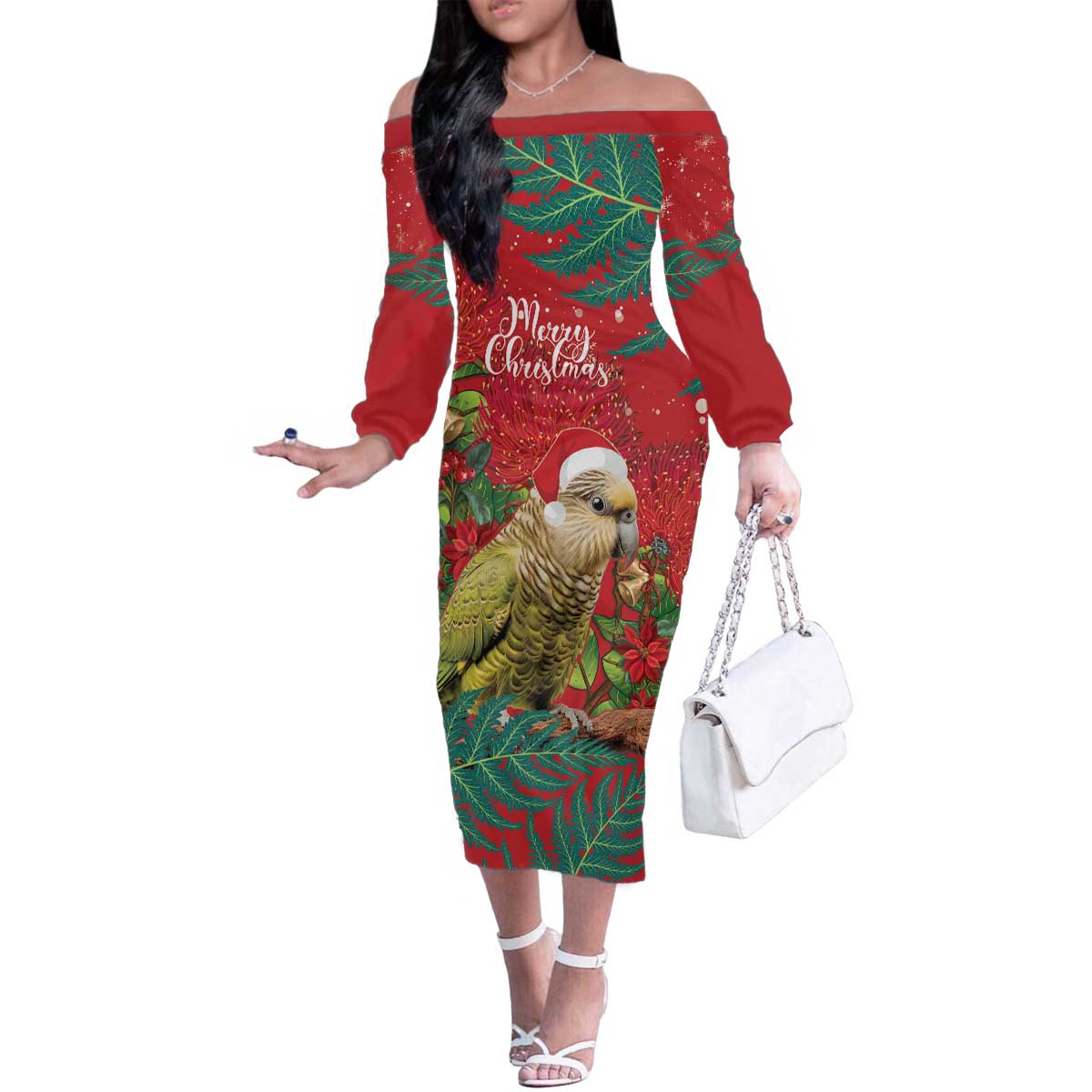 Personalised New Zealand Kakapo Christmas Family Matching Off The Shoulder Long Sleeve Dress and Hawaiian Shirt Meri Kirihimete Silver Fern Mix Pohutukawa