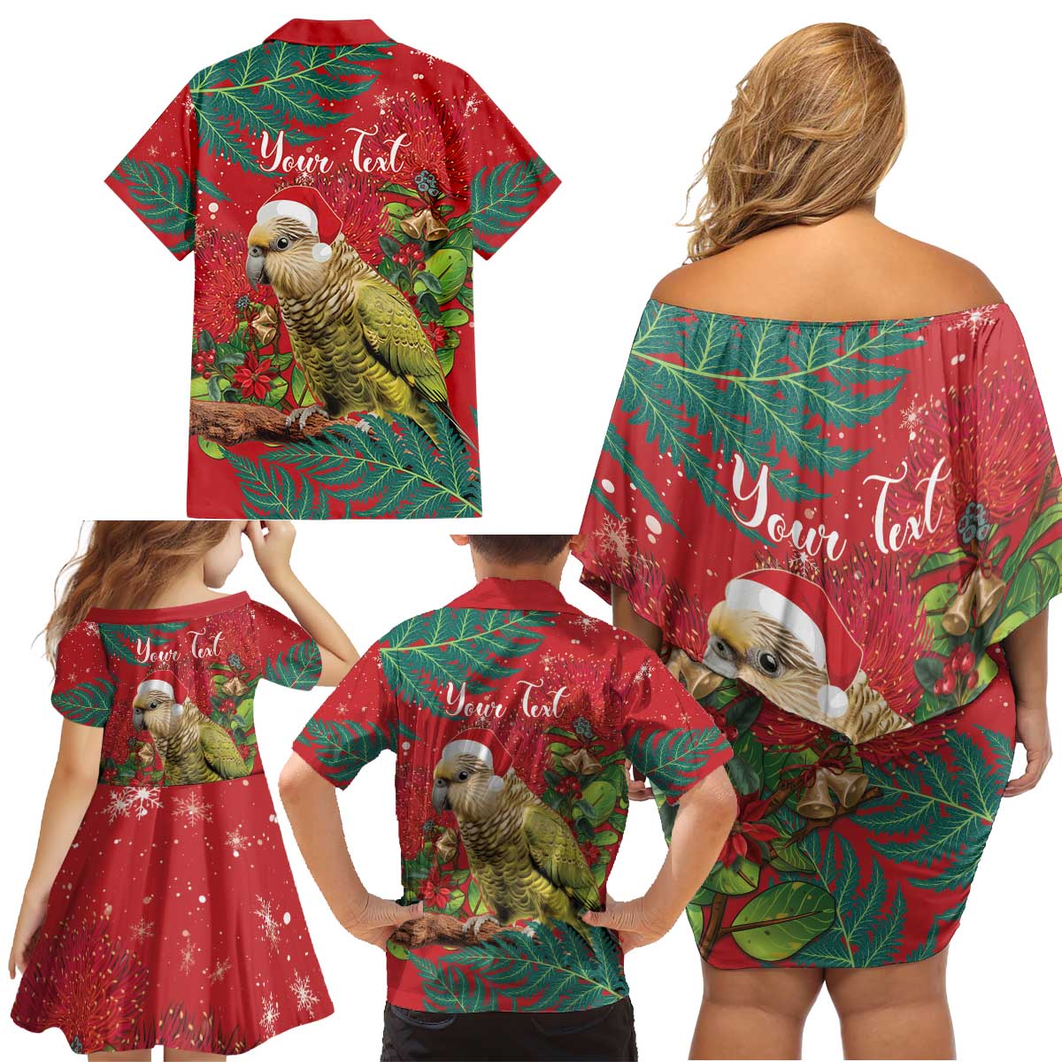 Personalised New Zealand Kakapo Christmas Family Matching Off Shoulder Short Dress and Hawaiian Shirt Meri Kirihimete Silver Fern Mix Pohutukawa