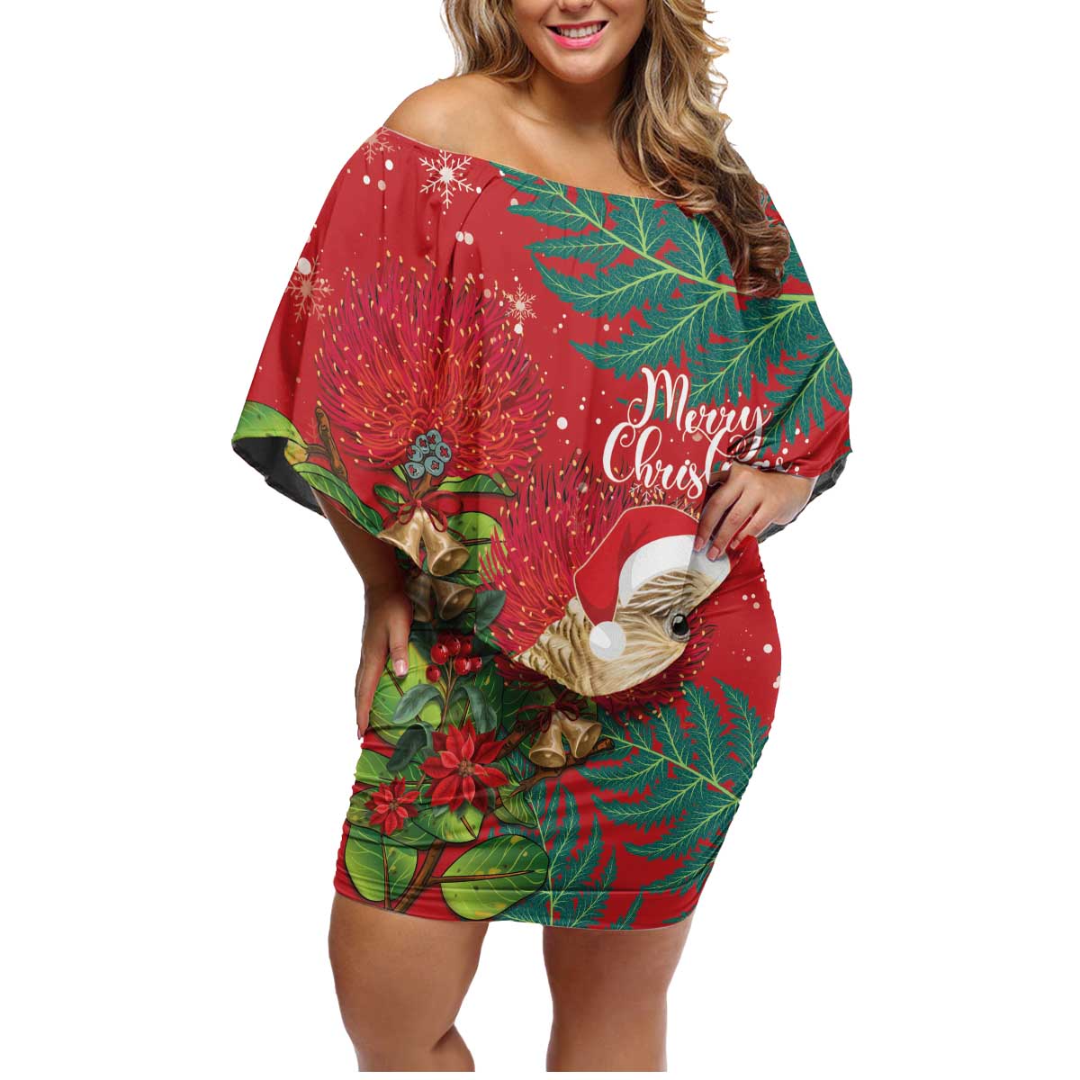 Personalised New Zealand Kakapo Christmas Family Matching Off Shoulder Short Dress and Hawaiian Shirt Meri Kirihimete Silver Fern Mix Pohutukawa