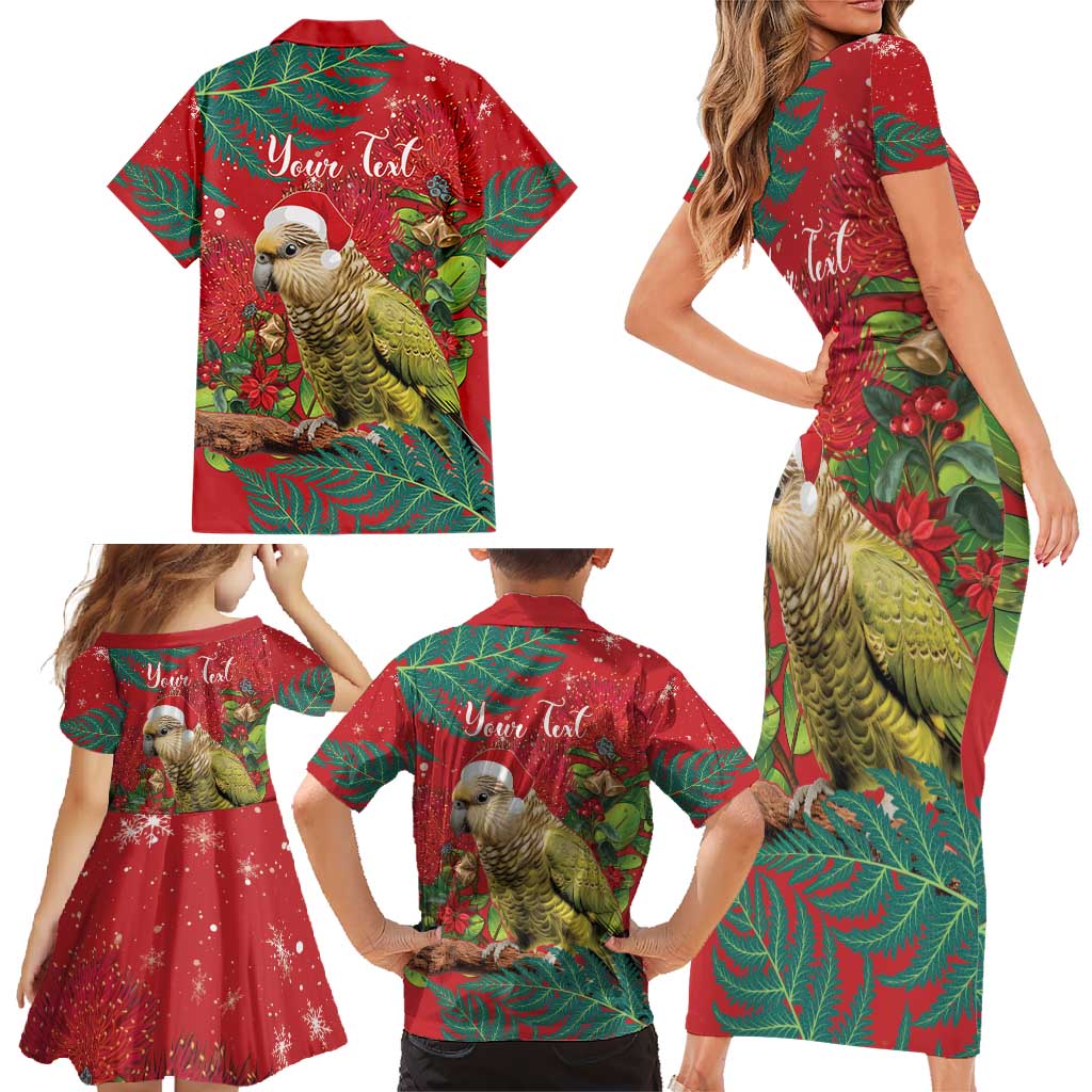 Personalised New Zealand Kakapo Christmas Family Matching Short Sleeve Bodycon Dress and Hawaiian Shirt Meri Kirihimete Silver Fern Mix Pohutukawa