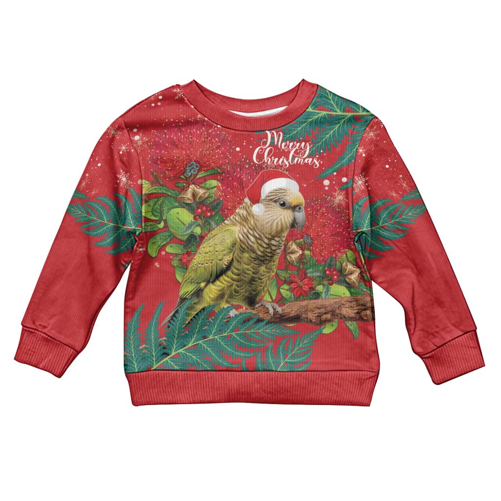 Personalised New Zealand Kakapo Christmas Kid Ugly Christmas Sweater Meri Kirihimete Silver Fern Mix Pohutukawa