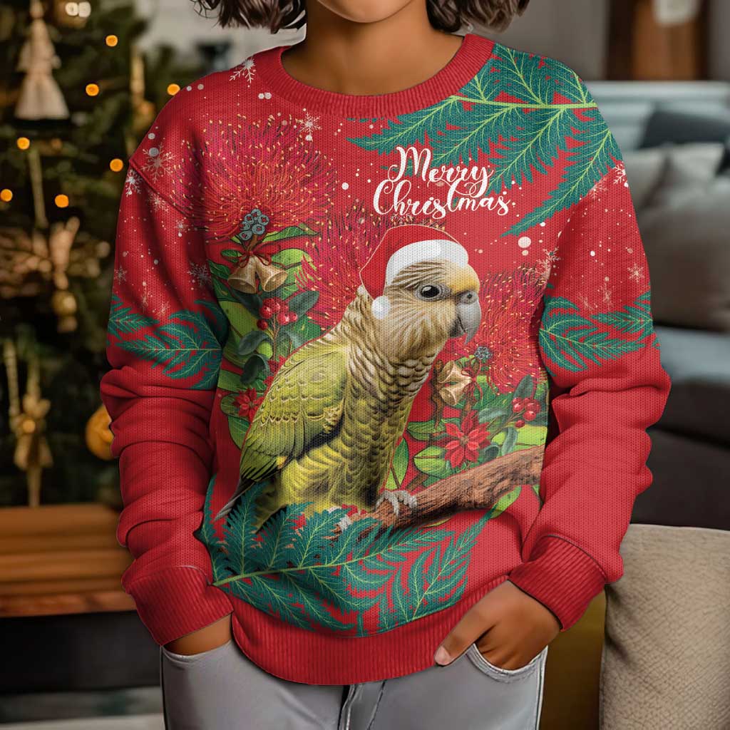 Personalised New Zealand Kakapo Christmas Kid Ugly Christmas Sweater Meri Kirihimete Silver Fern Mix Pohutukawa