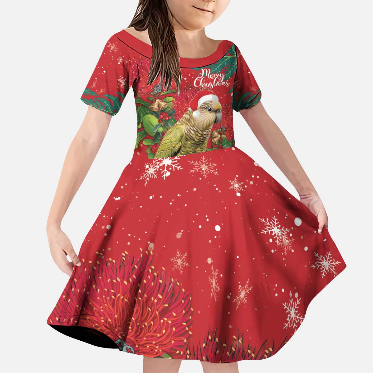 Personalised New Zealand Kakapo Christmas Kid Short Sleeve Dress Meri Kirihimete Silver Fern Mix Pohutukawa - Vibe Hoodie Shop