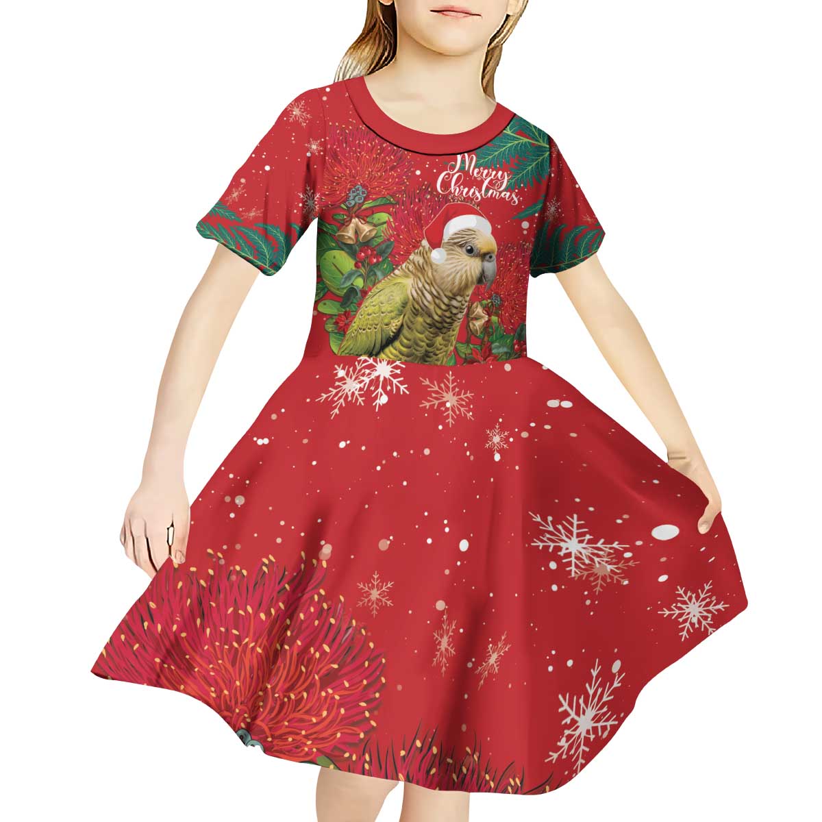 Personalised New Zealand Kakapo Christmas Kid Short Sleeve Dress Meri Kirihimete Silver Fern Mix Pohutukawa - Vibe Hoodie Shop