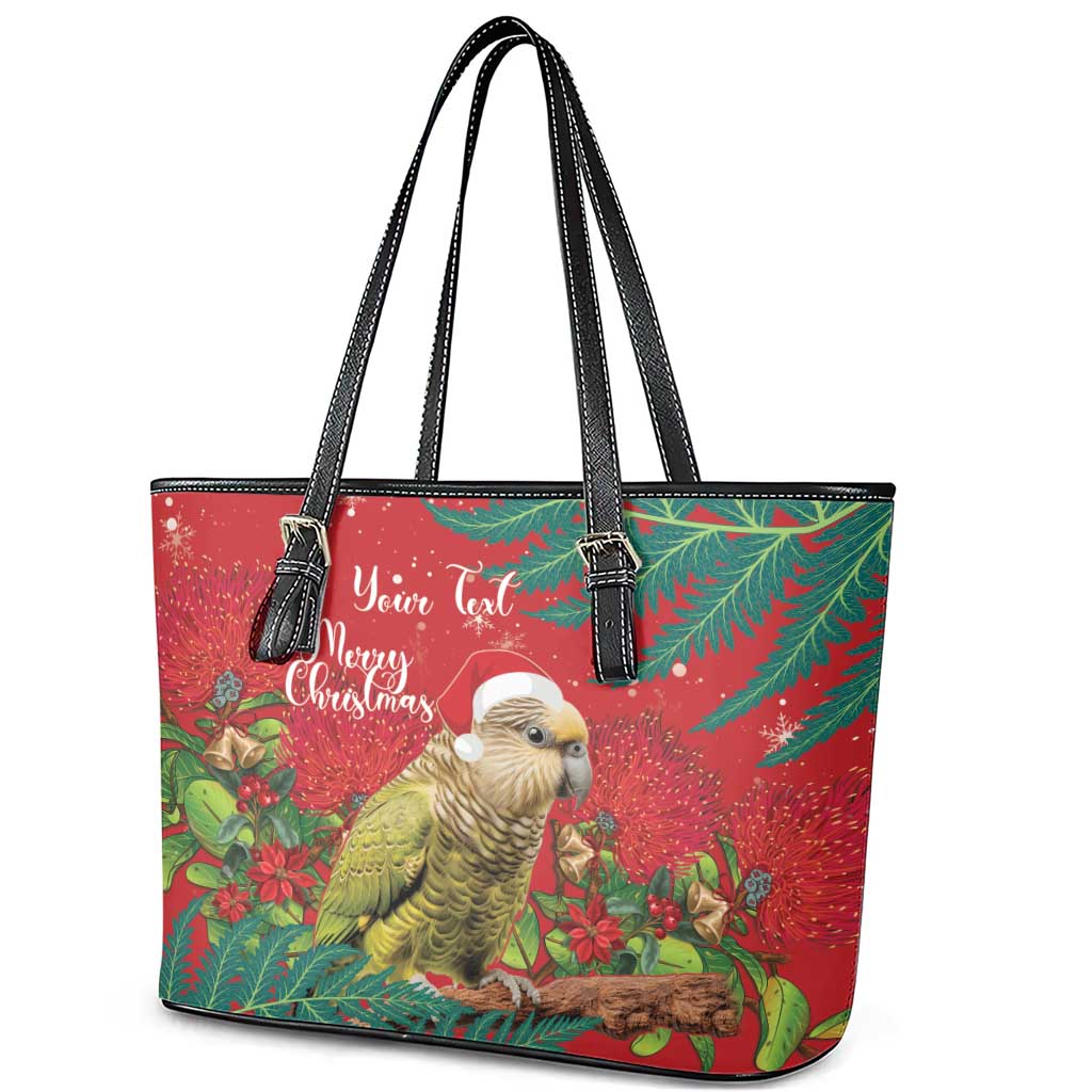 Personalised New Zealand Kakapo Christmas Leather Tote Bag Meri Kirihimete Silver Fern Mix Pohutukawa