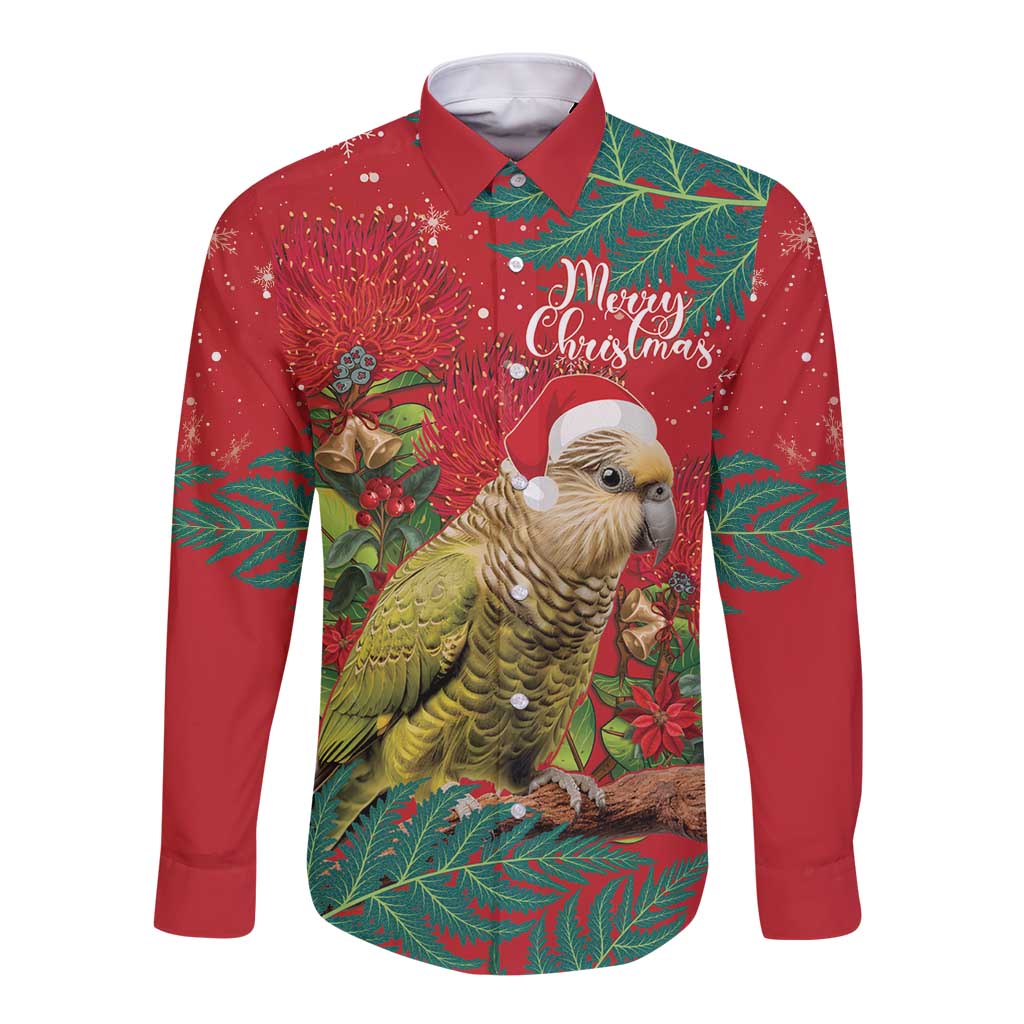 Personalised New Zealand Kakapo Christmas Long Sleeve Button Shirt Meri Kirihimete Silver Fern Mix Pohutukawa - Vibe Hoodie Shop