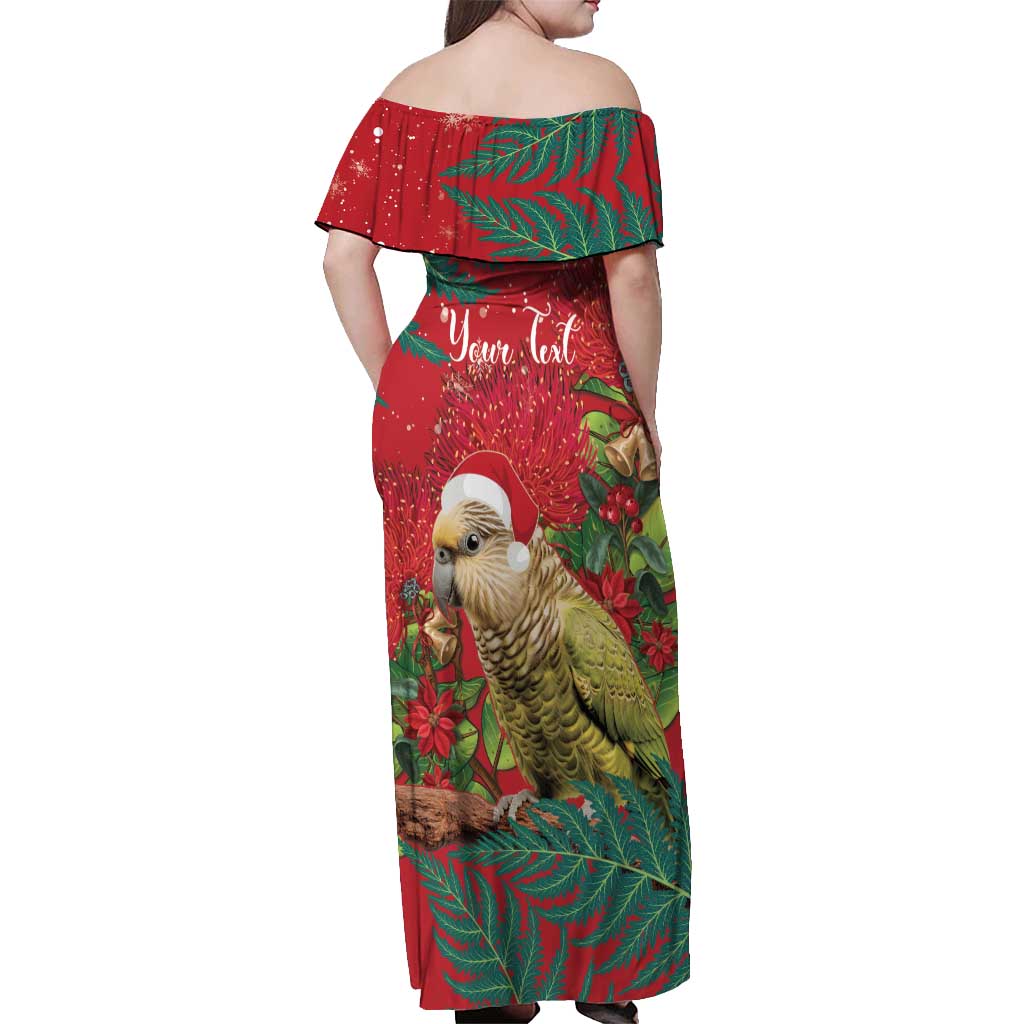 Personalised New Zealand Kakapo Christmas Off Shoulder Maxi Dress Meri Kirihimete Silver Fern Mix Pohutukawa