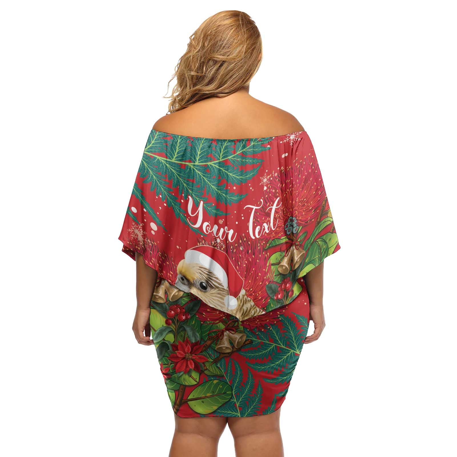 Personalised New Zealand Kakapo Christmas Off Shoulder Short Dress Meri Kirihimete Silver Fern Mix Pohutukawa