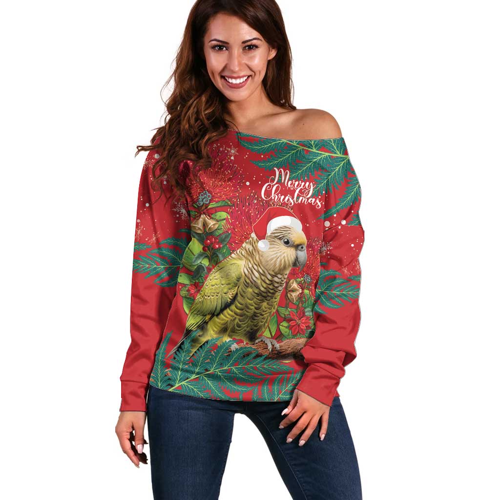 Personalised New Zealand Kakapo Christmas Off Shoulder Sweater Meri Kirihimete Silver Fern Mix Pohutukawa - Vibe Hoodie Shop