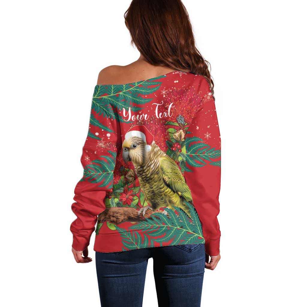 Personalised New Zealand Kakapo Christmas Off Shoulder Sweater Meri Kirihimete Silver Fern Mix Pohutukawa - Vibe Hoodie Shop