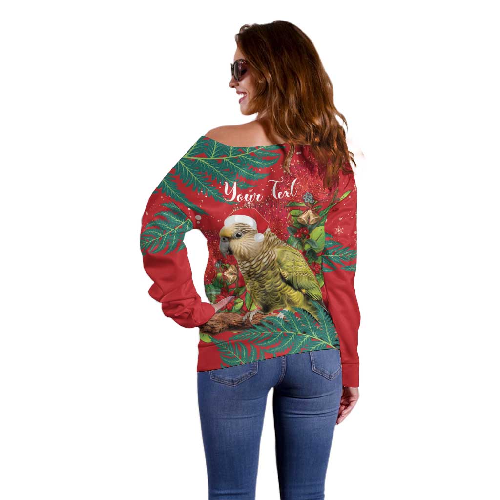 Personalised New Zealand Kakapo Christmas Off Shoulder Sweater Meri Kirihimete Silver Fern Mix Pohutukawa - Vibe Hoodie Shop