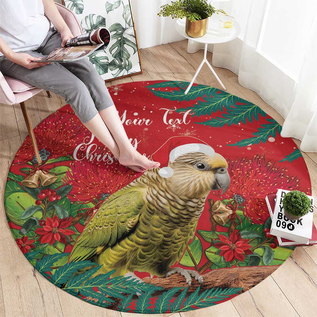 Personalised New Zealand Kakapo Christmas Round Carpet Meri Kirihimete Silver Fern Mix Pohutukawa