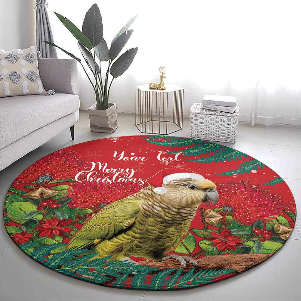 Personalised New Zealand Kakapo Christmas Round Carpet Meri Kirihimete Silver Fern Mix Pohutukawa