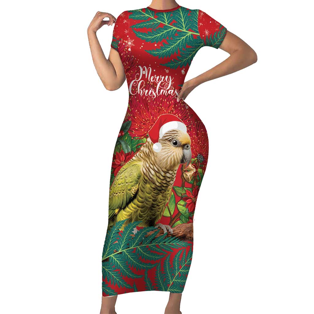 Personalised New Zealand Kakapo Christmas Short Sleeve Bodycon Dress Meri Kirihimete Silver Fern Mix Pohutukawa