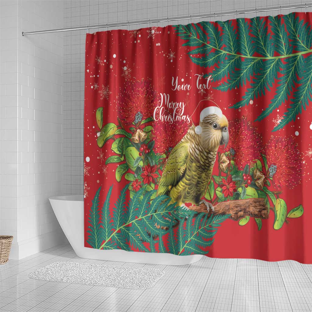 Personalised New Zealand Kakapo Christmas Shower Curtain Meri Kirihimete Silver Fern Mix Pohutukawa