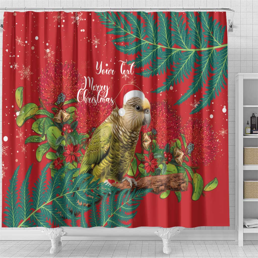 Personalised New Zealand Kakapo Christmas Shower Curtain Meri Kirihimete Silver Fern Mix Pohutukawa