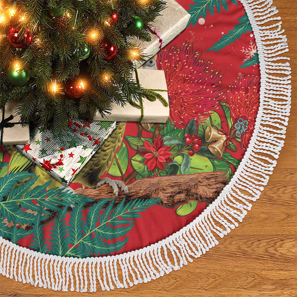 Personalised New Zealand Kakapo Christmas Tree Skirt Meri Kirihimete Silver Fern Mix Pohutukawa