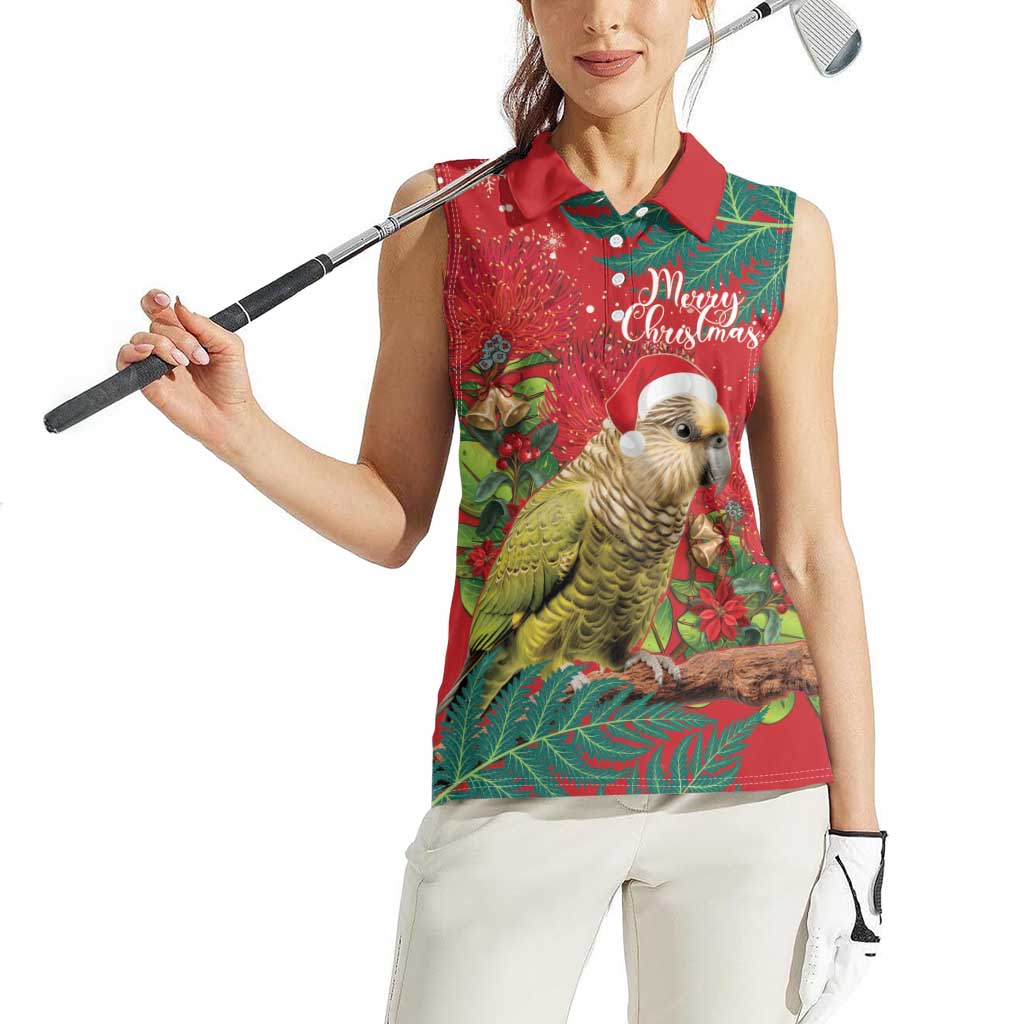 Personalised New Zealand Kakapo Christmas Women Sleeveless Polo Shirt Meri Kirihimete Silver Fern Mix Pohutukawa