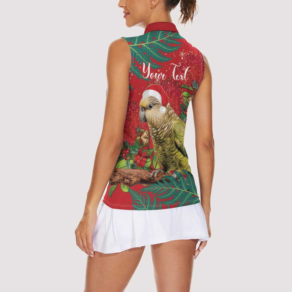 Personalised New Zealand Kakapo Christmas Women Sleeveless Polo Shirt Meri Kirihimete Silver Fern Mix Pohutukawa