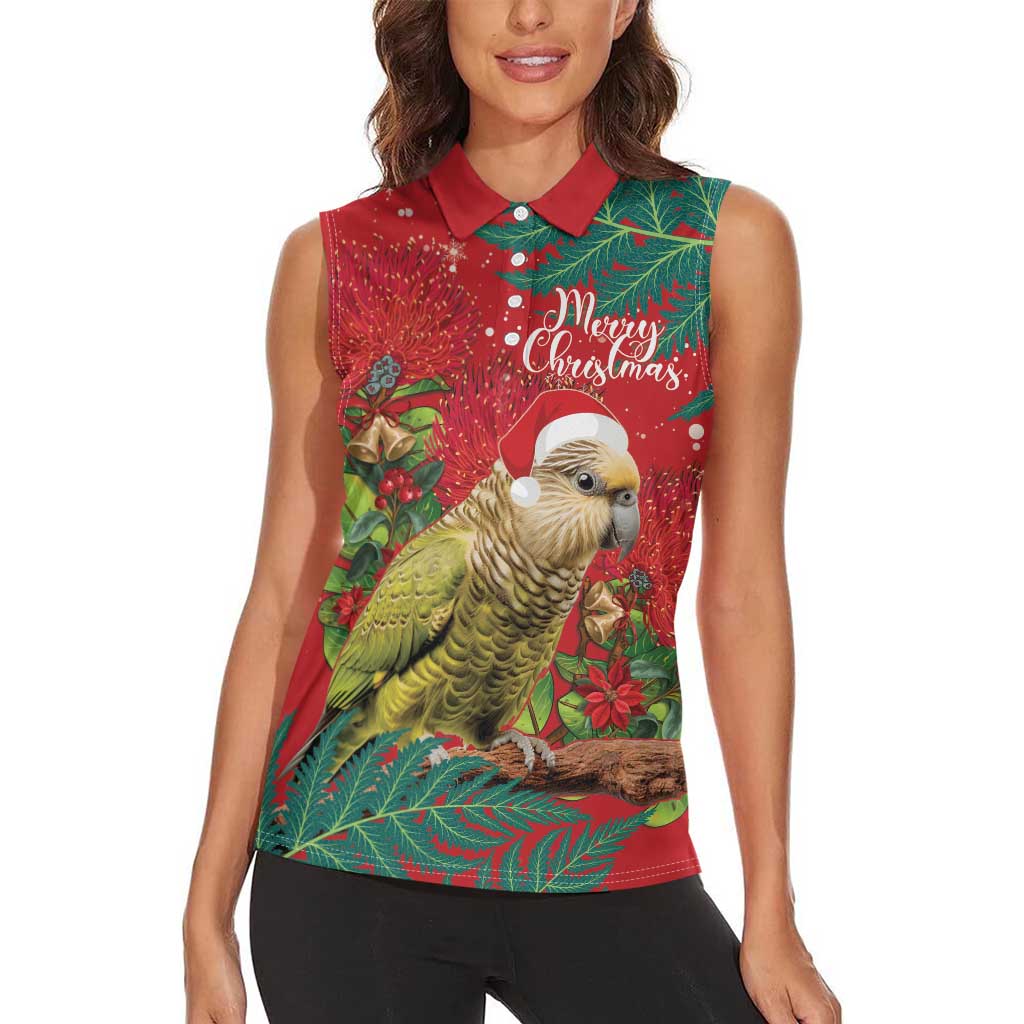 Personalised New Zealand Kakapo Christmas Women Sleeveless Polo Shirt Meri Kirihimete Silver Fern Mix Pohutukawa