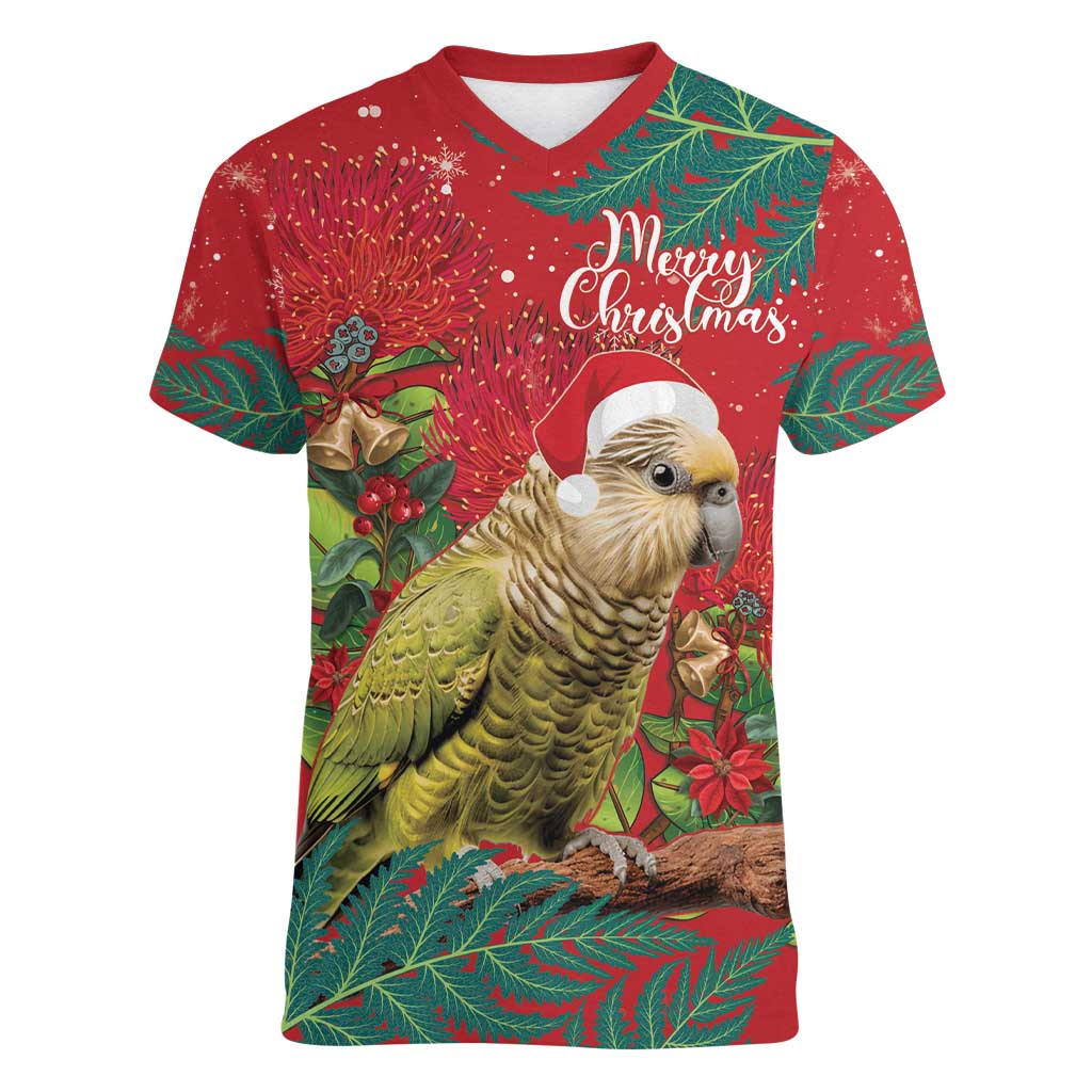 Personalised New Zealand Kakapo Christmas Women V-Neck T-Shirt Meri Kirihimete Silver Fern Mix Pohutukawa - Vibe Hoodie Shop