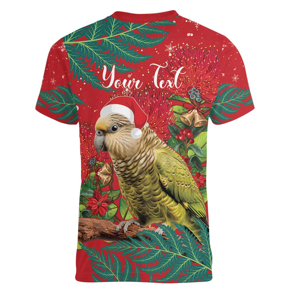 Personalised New Zealand Kakapo Christmas Women V-Neck T-Shirt Meri Kirihimete Silver Fern Mix Pohutukawa - Vibe Hoodie Shop