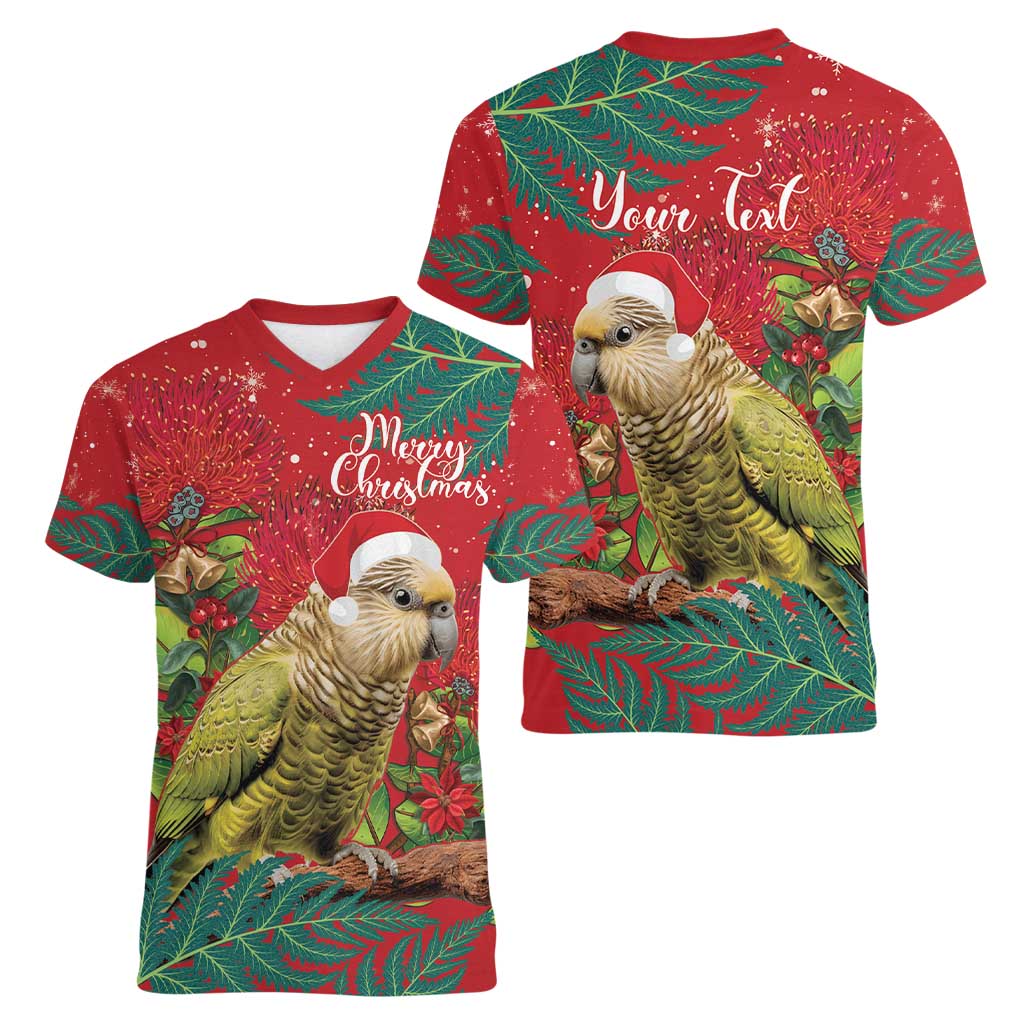 Personalised New Zealand Kakapo Christmas Women V-Neck T-Shirt Meri Kirihimete Silver Fern Mix Pohutukawa - Vibe Hoodie Shop